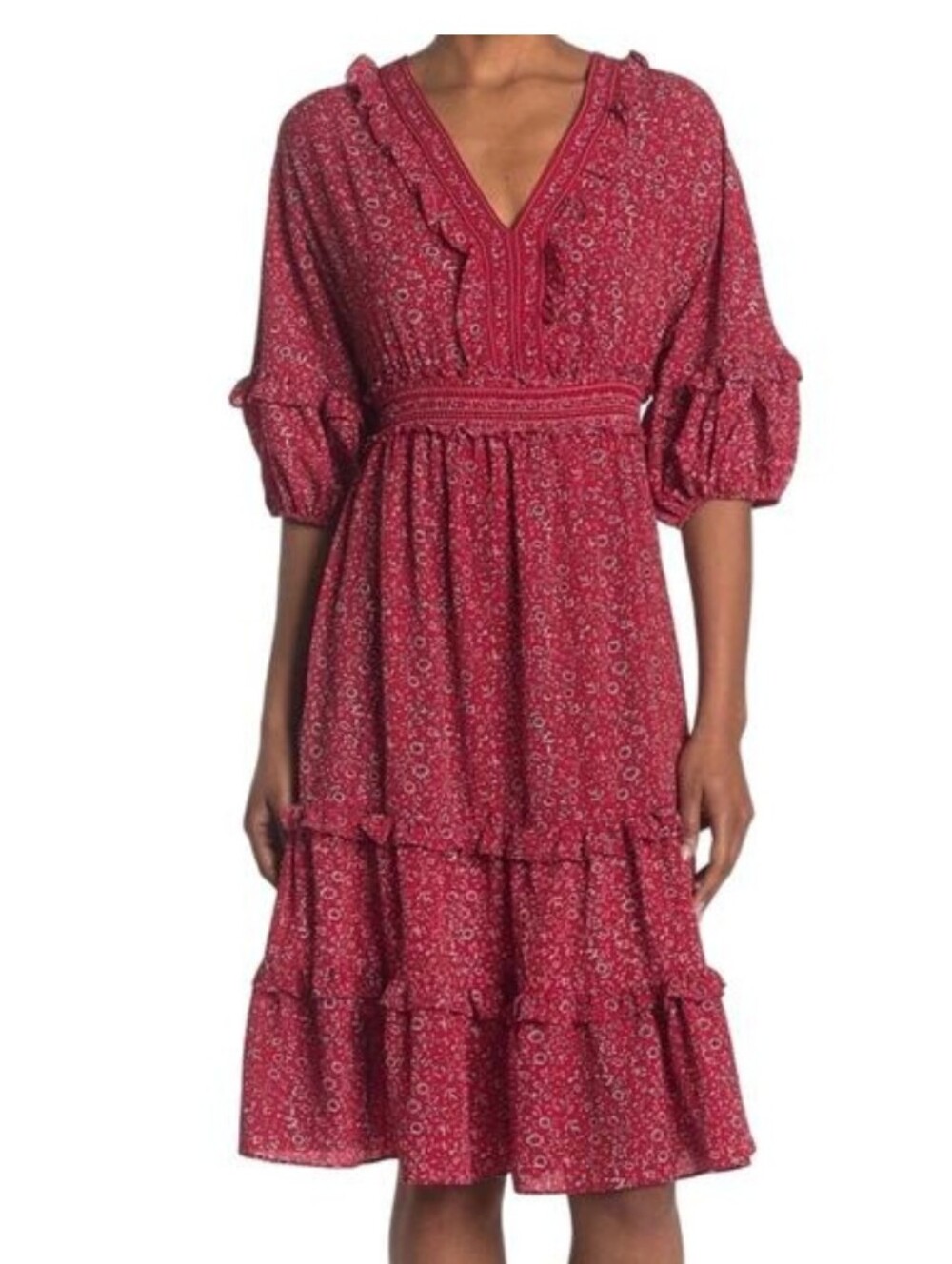 Max Studio Red Floral - V-Neck, Empire Smocked, Tiered Ruffle, Puff Sleeves - XL
